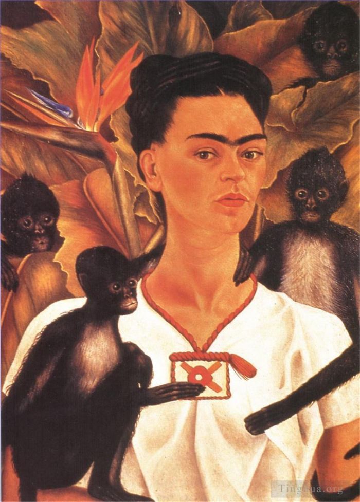 Frida Kahlo's Contemporary Oil Painting - Self Portrait with Monkeys