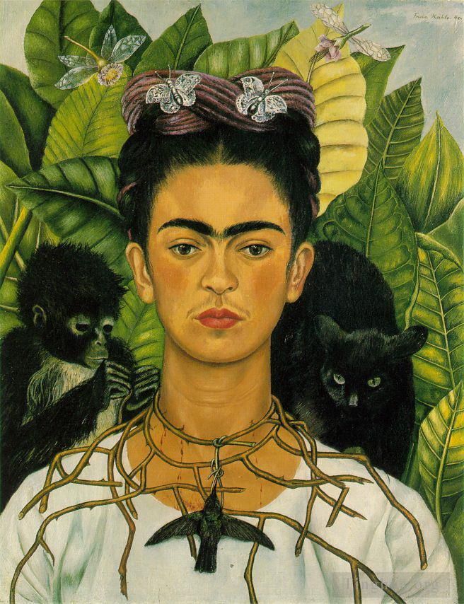 Frida Kahlo's Contemporary Oil Painting - Self Portrait with Necklace of Thorns