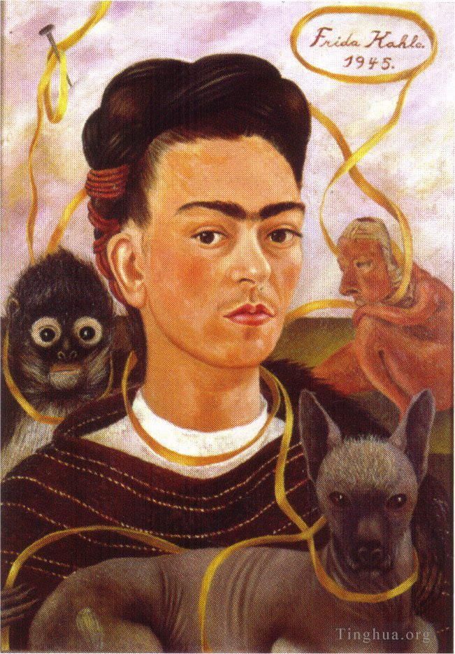 Frida Kahlo's Contemporary Oil Painting - Self Portrait with Small Monkey