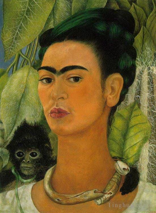 Frida Kahlo's Contemporary Oil Painting - Self Portrait with a Monkey