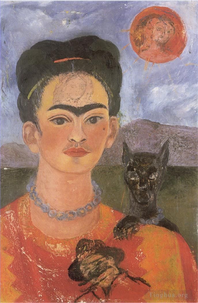 Frida Kahlo's Contemporary Oil Painting - Self Portrait with a Portrait of Diego on the Breast and Maria Between the Eyebrows