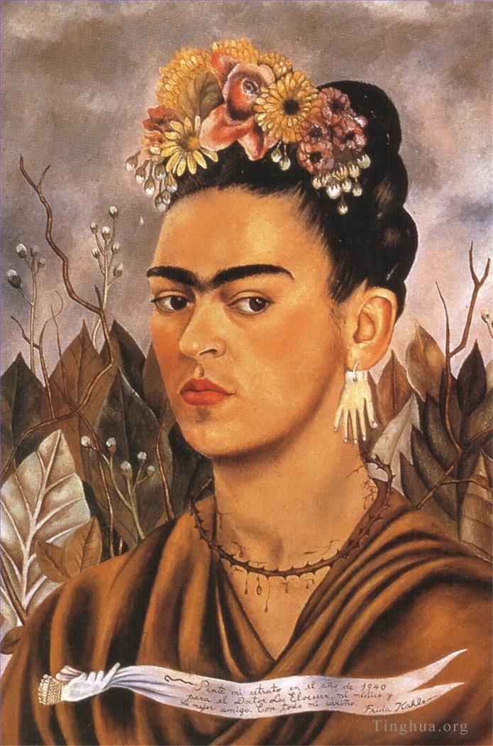 Frida Kahlo's Contemporary Oil Painting - Self portrait dedicated to dr eloesser 1940