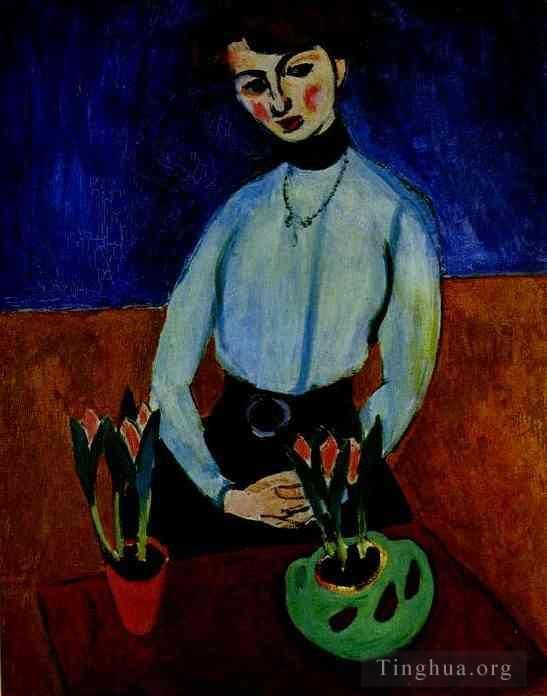 Henri Matisse's Contemporary Oil Painting - Girl with Tulips Portrait of Jeanne Vaderin 1910