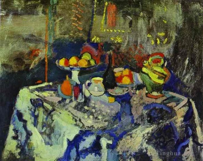 Henri Matisse's Contemporary Oil Painting - Still Life with Vase Bottle and Fruit c 1903