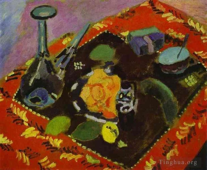 Henri Matisse's Contemporary Various Paintings - Dishes and Fruit on a Red and Black Carpet 1906