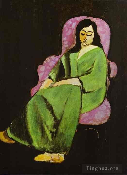 Henri Matisse's Contemporary Various Paintings - Laurette in a Green Dress on Black Background