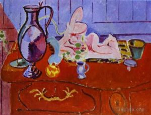 Contemporary Paintings - Pink Statuette and Pitcher on a Red Chest of Drawers