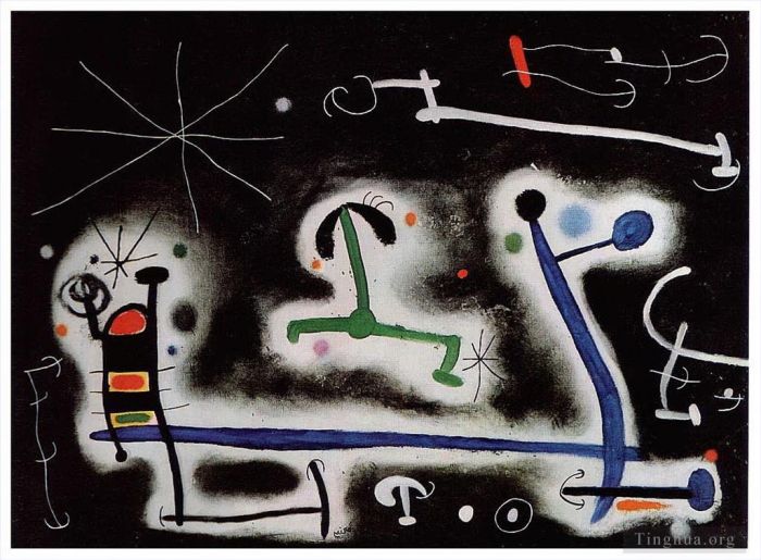 Joan Miro's Contemporary Various Paintings - Characters and Birds Party for the Night That Is Approaching