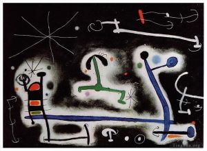 Contemporary Artwork by Joan Miro - Characters and Birds Party for the Night That Is Approaching