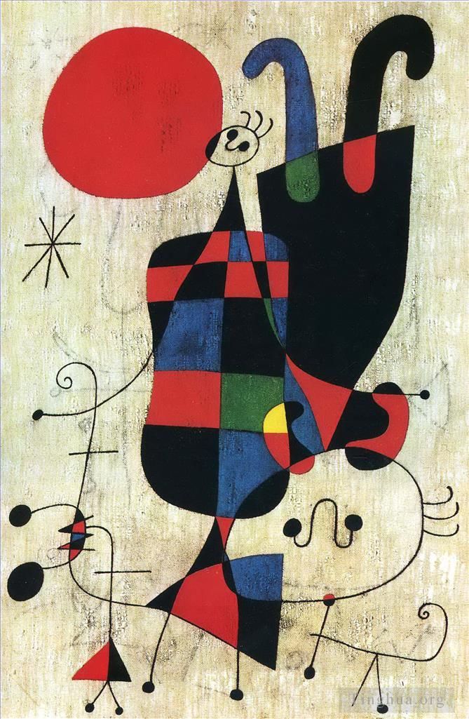 Joan Miro's Contemporary Various Paintings - Figures and Dog in Front of the Sun