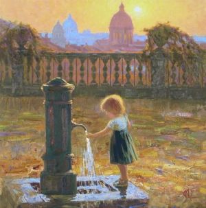 Contemporary Oil Painting - A Girl Near The Fountain