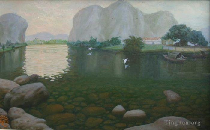 Li Jiahui's Contemporary Oil Painting - Sunset glow on longjiang