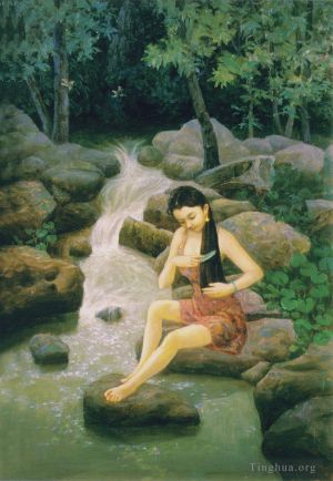 Contemporary Oil Painting - The girl by fountain