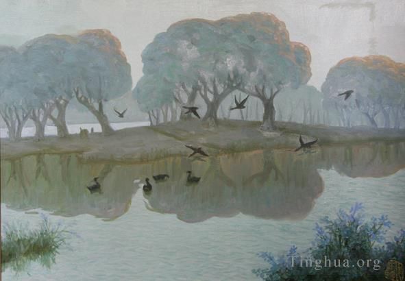 Li Jiahui's Contemporary Oil Painting - Xun river in morning mist