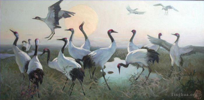Li Jiahui's Contemporary Oil Painting - Red-crowned crane in haicang
