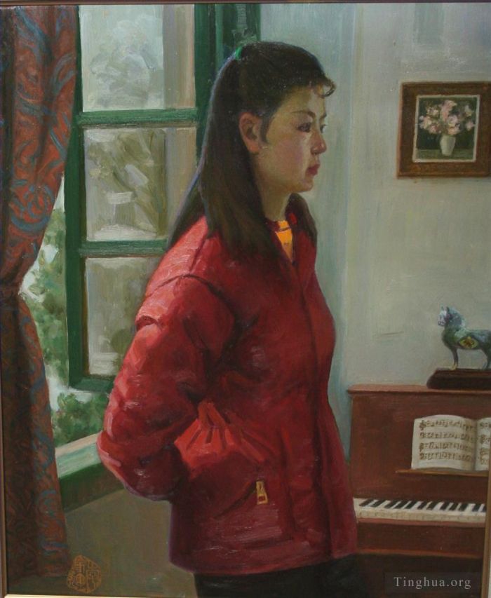 Li Jiahui's Contemporary Oil Painting - Thinking girl in piano room
