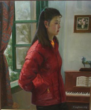 Contemporary Artwork by Li Jiahui - Thinking girl in piano room