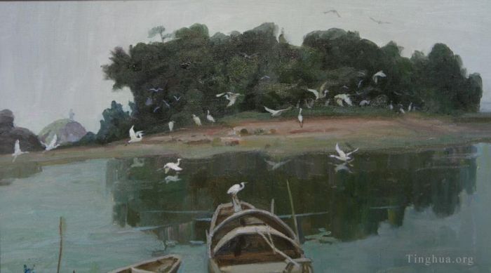 Li Jiahui's Contemporary Oil Painting - Egrets in desert island