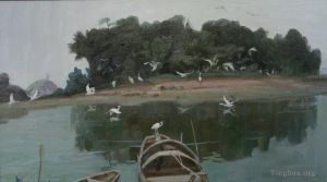 Contemporary Artwork by Li Jiahui - Egrets in desert island