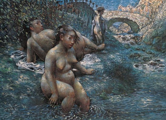 Luo Zhongli's Contemporary Oil Painting - Bathing by Stone Bridge