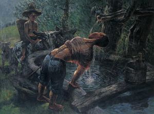 Contemporary Oil Painting - Farmer Drinking Water