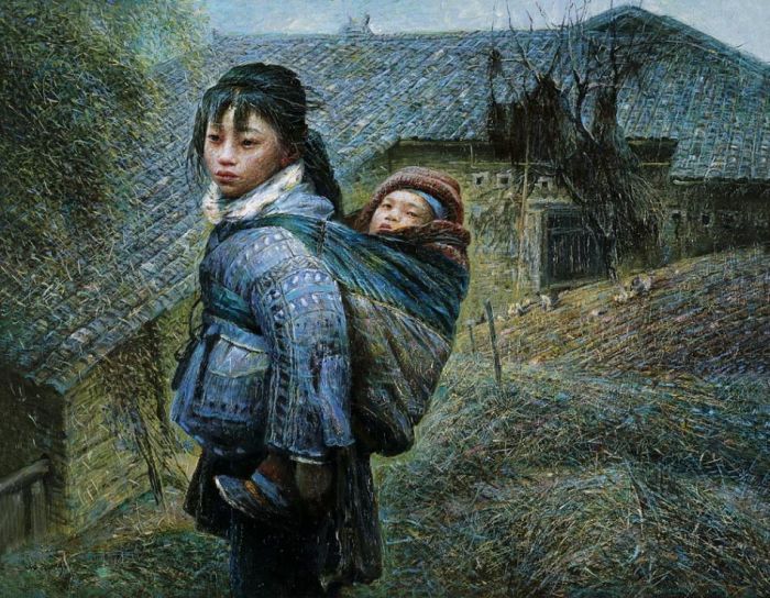 Luo Zhongli's Contemporary Oil Painting - Maid Carring Baby
