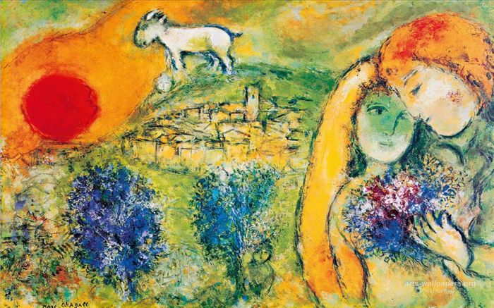 Marc Chagall's Contemporary Oil Painting - Lovers under sun