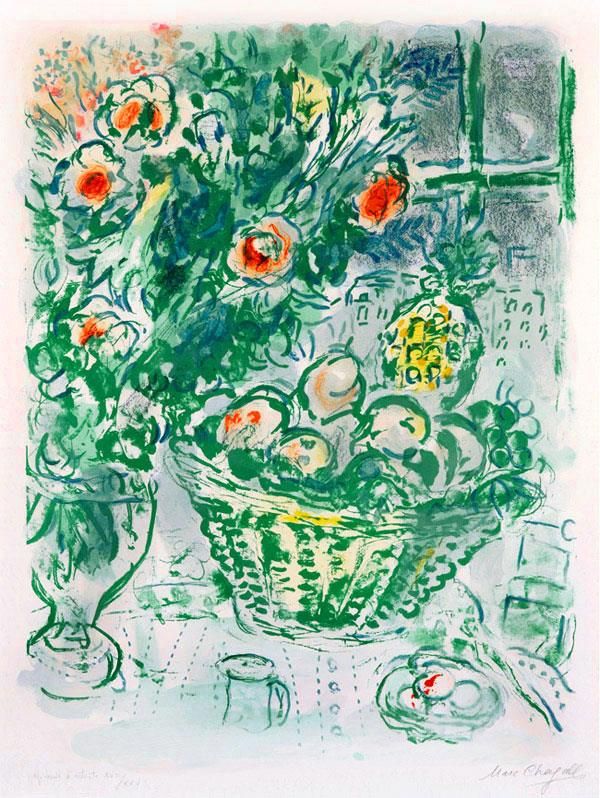 Marc Chagall's Contemporary Various Paintings - Basket of Fruit and Pineapples color lithograph