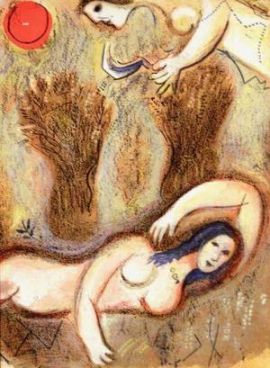 Contemporary Paintings - Boaz wakes and sees Ruth at his feet lithograph