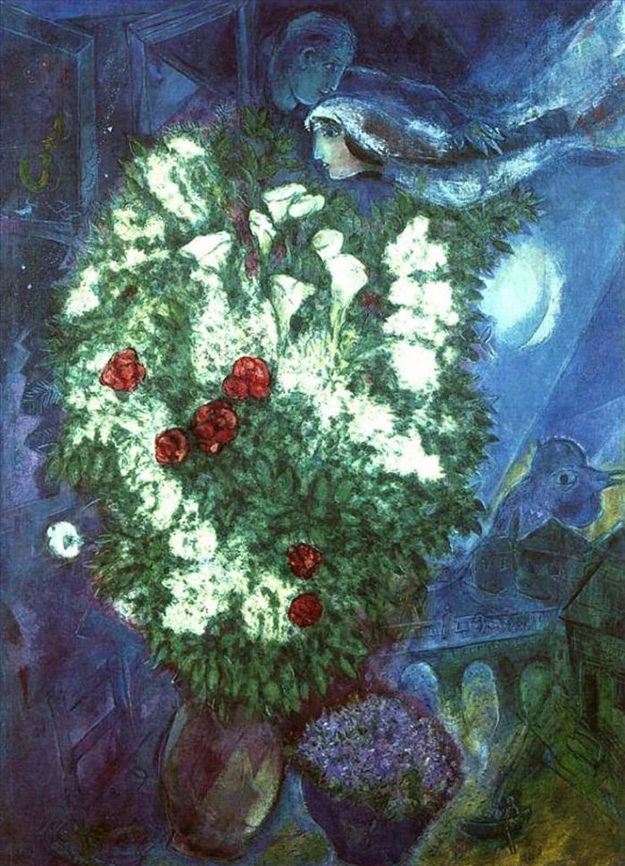 Marc Chagall's Contemporary Various Paintings - Bouquet with flying lovers