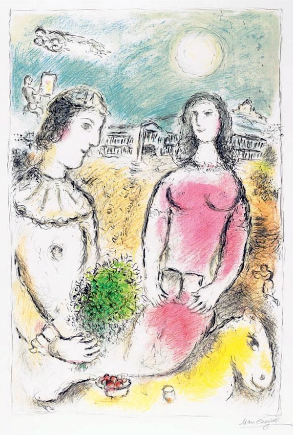 Marc Chagall's Contemporary Various Paintings - Couple at Dusk color lithograph