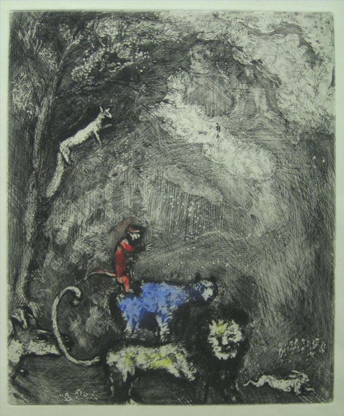 Marc Chagall's Contemporary Various Paintings - Le Lion seu allaut eu Guerre etching with watercolours