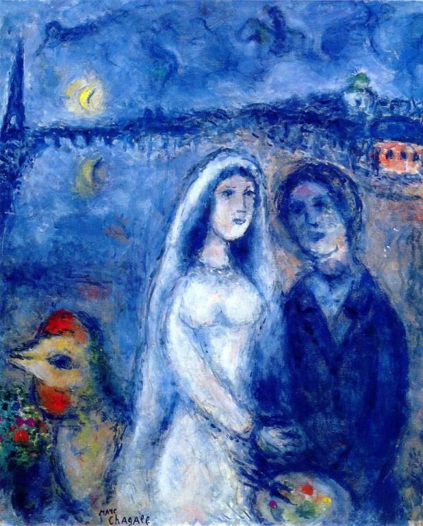 Marc Chagall's Contemporary Various Paintings - Newlywedds with Eiffel Towel in the Background