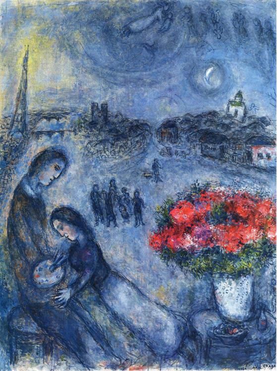 Marc Chagall's Contemporary Various Paintings - Newlyweds with Paris in the Background