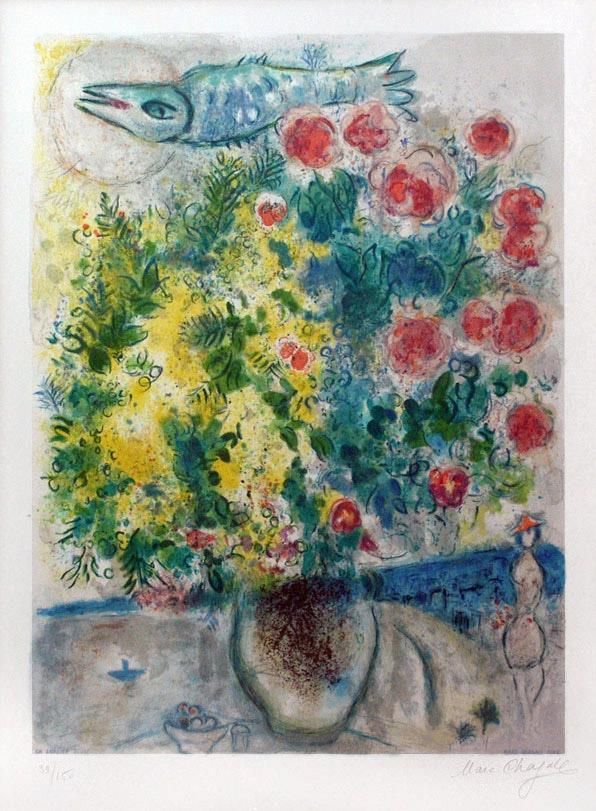 Marc Chagall's Contemporary Various Paintings - Roses and Mimosa from Nice the Cote dAzur color lithograph