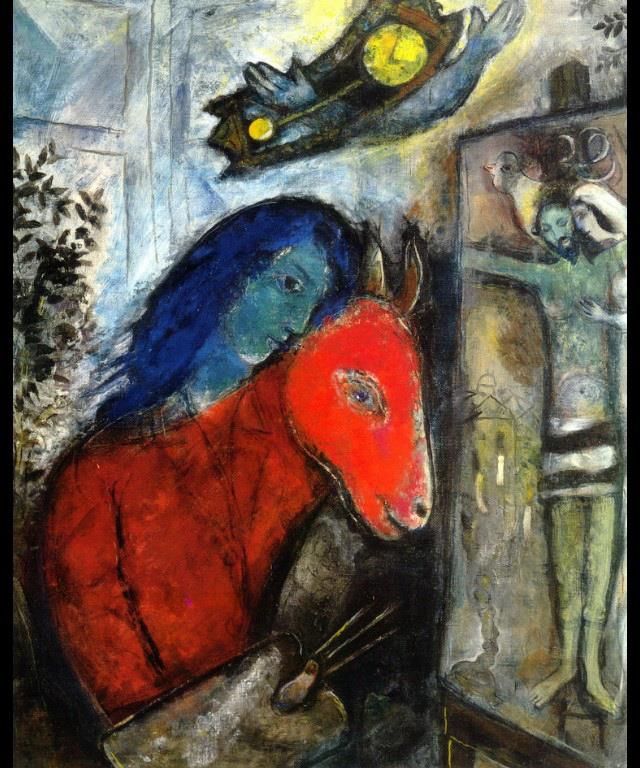Marc Chagall's Contemporary Various Paintings - Self Portrait with a Clock In front of Crucifixion