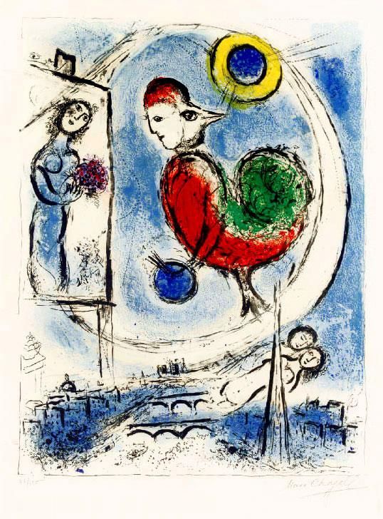 Marc Chagall's Contemporary Various Paintings - The Rooster Over Paris color lithograph