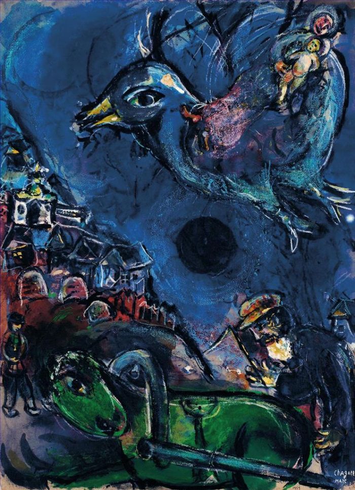 Marc Chagall's Contemporary Various Paintings - Village au Cheval Vert ou Vision a la Lune Noire