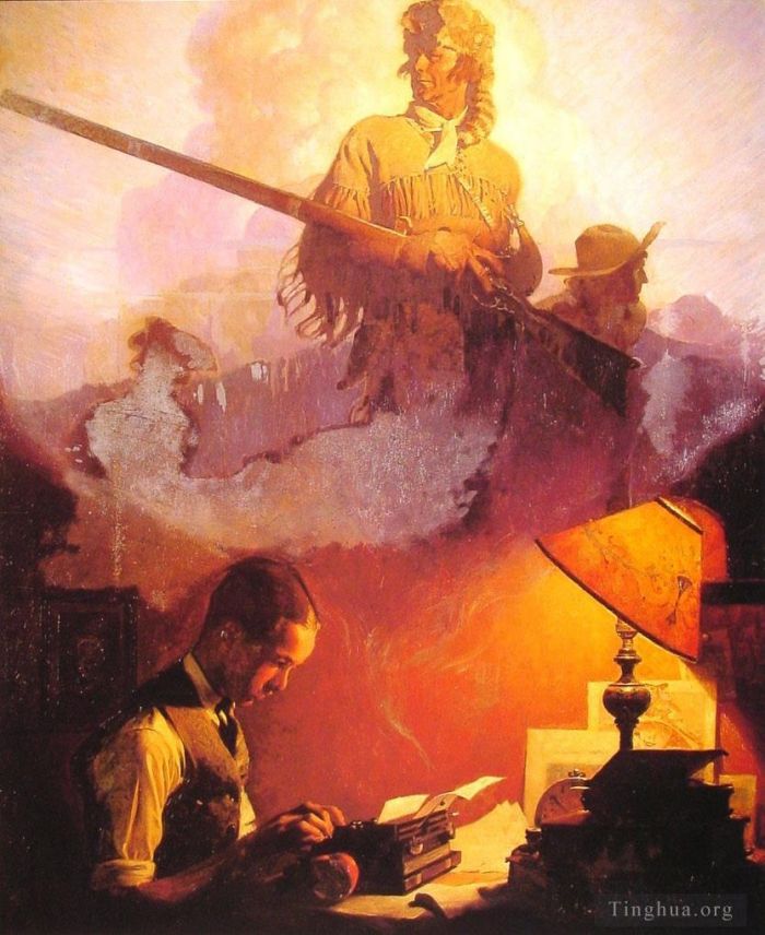 Norman Rockwell's Contemporary Oil Painting - And daniel boone comes to life on the underwood portable 1923