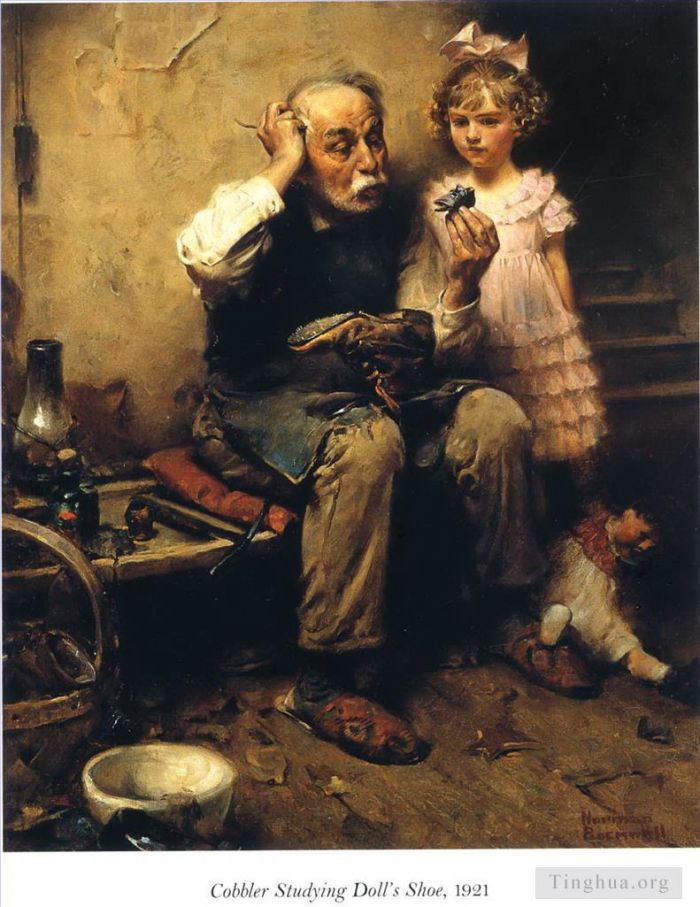 Norman Rockwell's Contemporary Oil Painting - Cobbler studying doll s shoe
