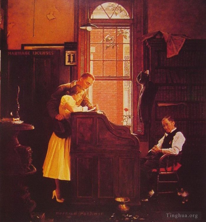 Norman Rockwell's Contemporary Oil Painting - Marriage license 1935