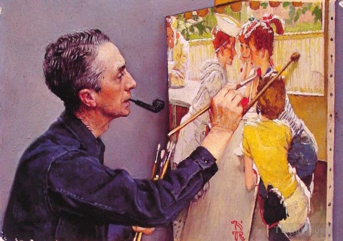 Norman Rockwell's Contemporary Oil Painting - Portrait of norman rockwell painting the soda jerk 1953