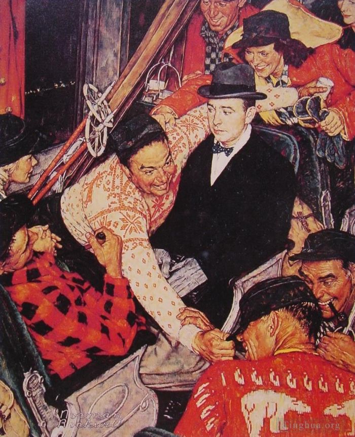 Norman Rockwell's Contemporary Oil Painting - Skiers on a train 1962