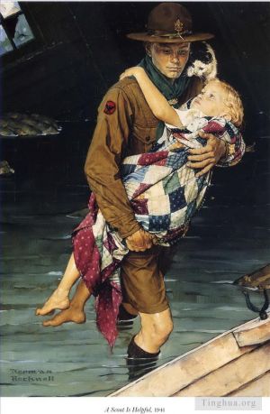 Contemporary Artwork by Norman Rockwell - A scout is helpful 1941