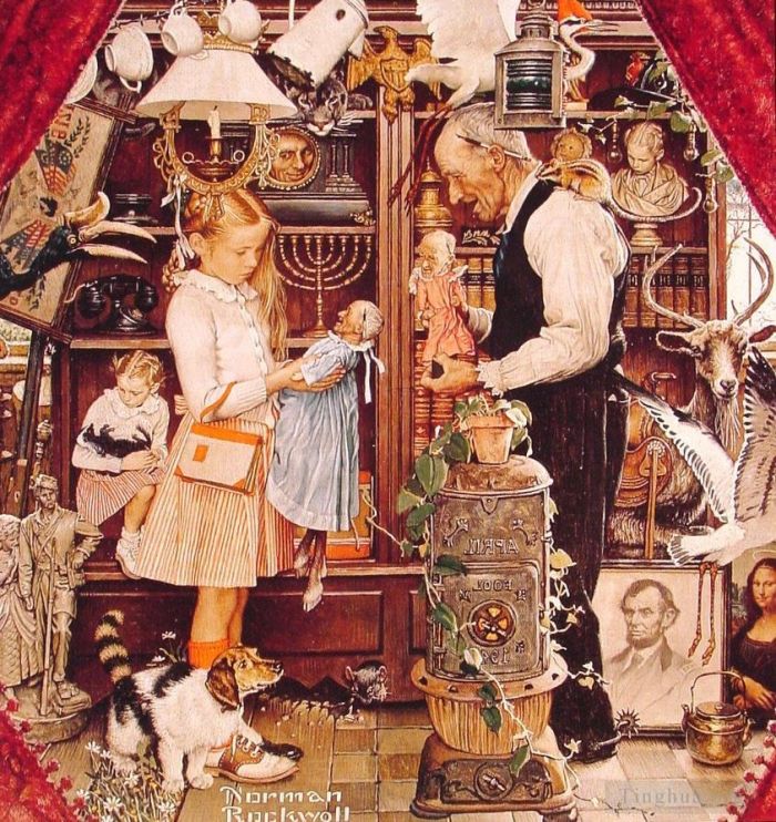 Norman Rockwell's Contemporary Various Paintings - April fool girl with shopkeeper 1948