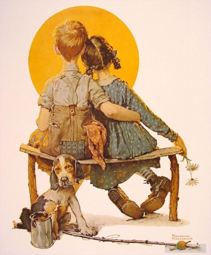 Norman Rockwell's Contemporary Various Paintings - Boy and girl gazing at the moon 1926