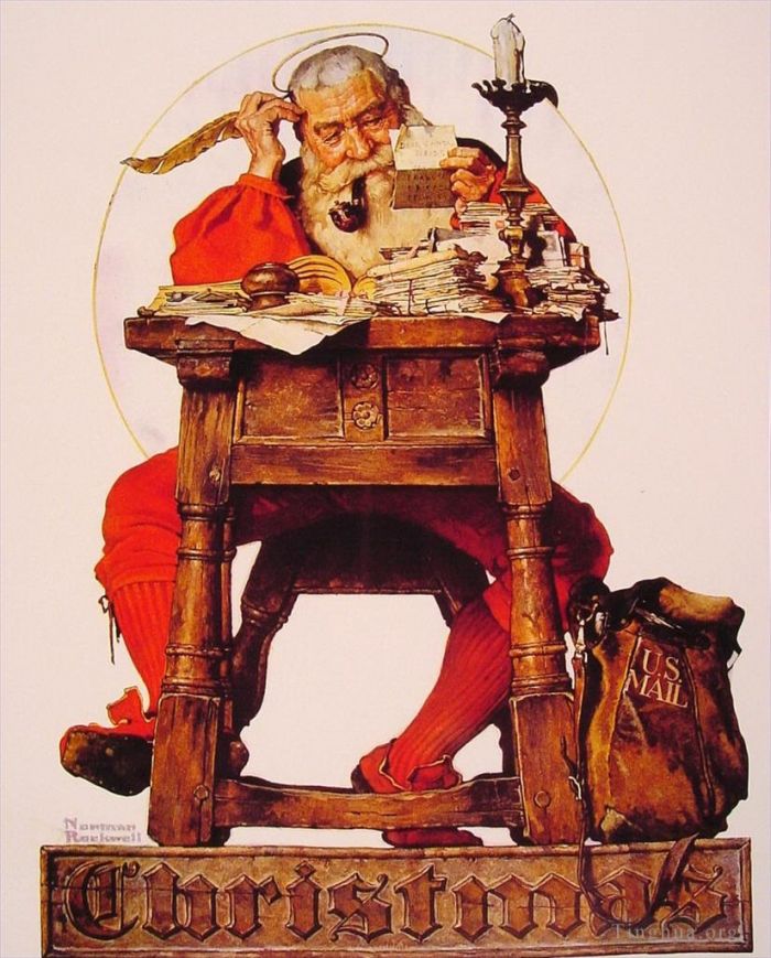 Norman Rockwell's Contemporary Various Paintings - Christmas santa reading mail 1935