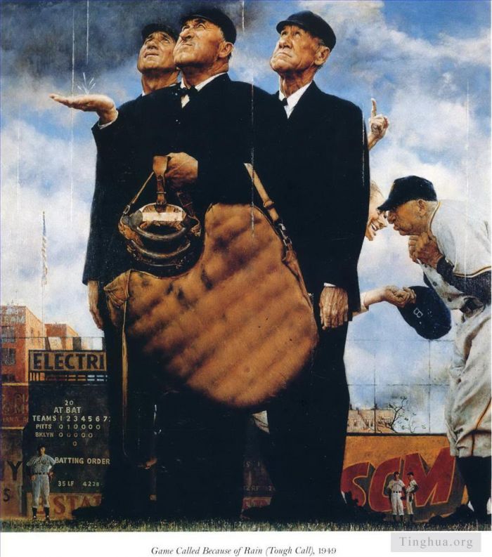 Norman Rockwell's Contemporary Various Paintings - Game called because of rain tough call 1949