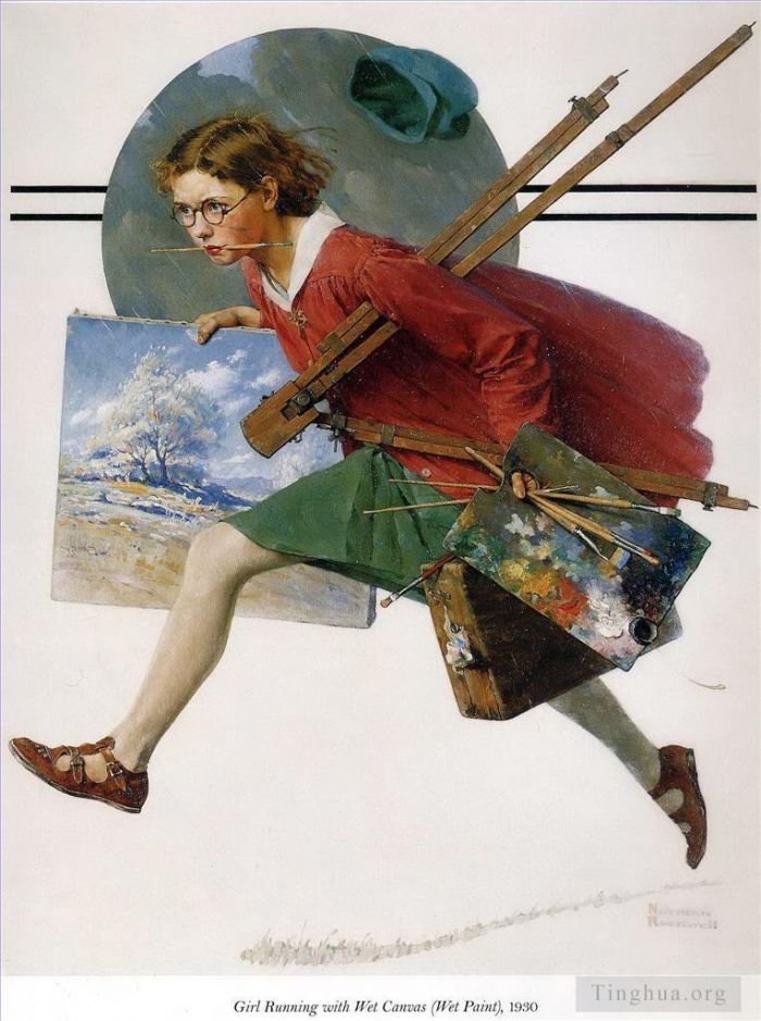 Norman Rockwell's Contemporary Various Paintings - Girl running with wet canvas