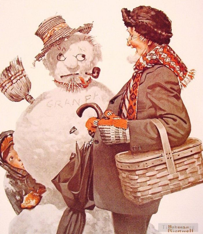 Norman Rockwell's Contemporary Various Paintings - Grandfather and snowman 1919